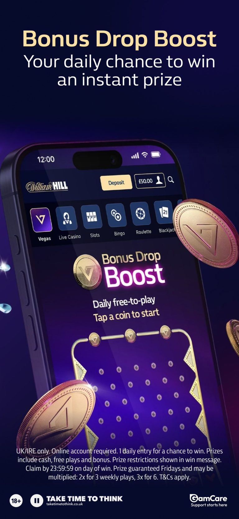William Hill Vegas app Bonus Drop Boost instant prize screen – official App Store screenshot