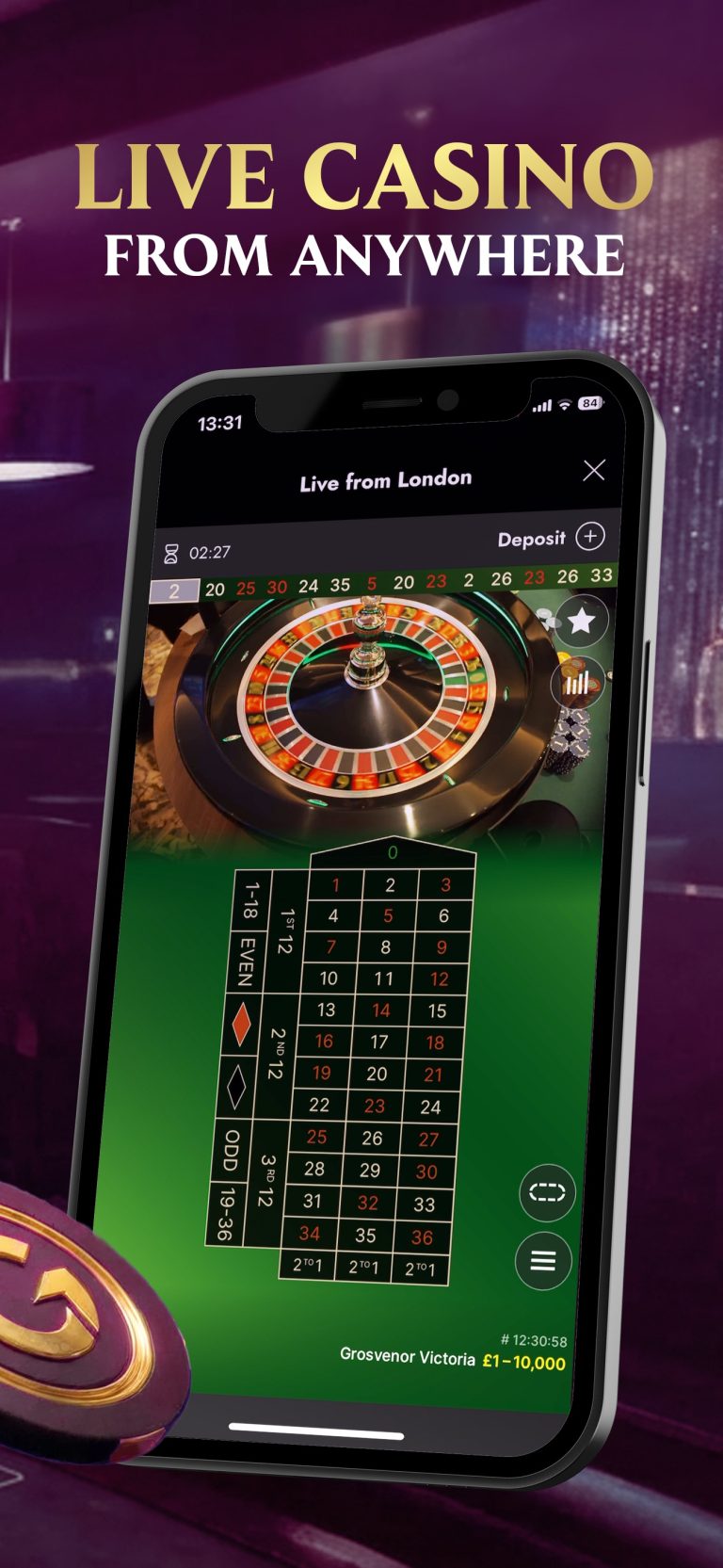 Grosvenor Casino app live casino roulette screen – official App Store screenshot